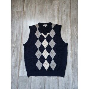 Toscano Firenze Merino Wool Blend Sweater Vest Blue Gray Red Plaid V Neck Sz M